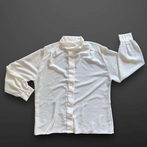 v i n t a g e :: Draped Pleated Satin High Neck Ballon Sleeve Blouse - Picture 6 of 9